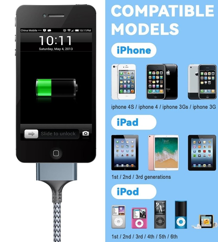 30 Pin to USB A Adapter Ipod Charger Nylon Braided Fast Charging Data Cord Next gallery