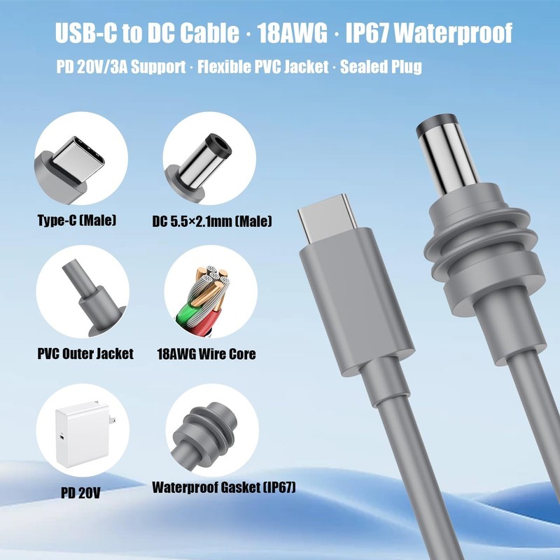 3.28FT USB-C to DC Power Cable for 65W PD Power Bank & 20V Charger - Mini Cable gallery