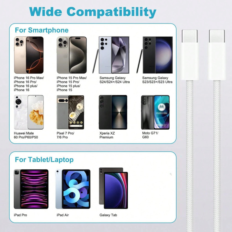 60W USB C to C Fast Charge Cable 3/6/10FT iPhone 17 16 15 Samsung iPad Type C gallery