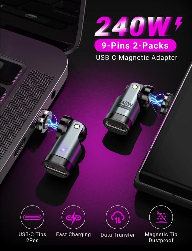 2Pack USB-C Magnetic Adapter 240W 90°/360° Right Angle PD Fast Charging gallery