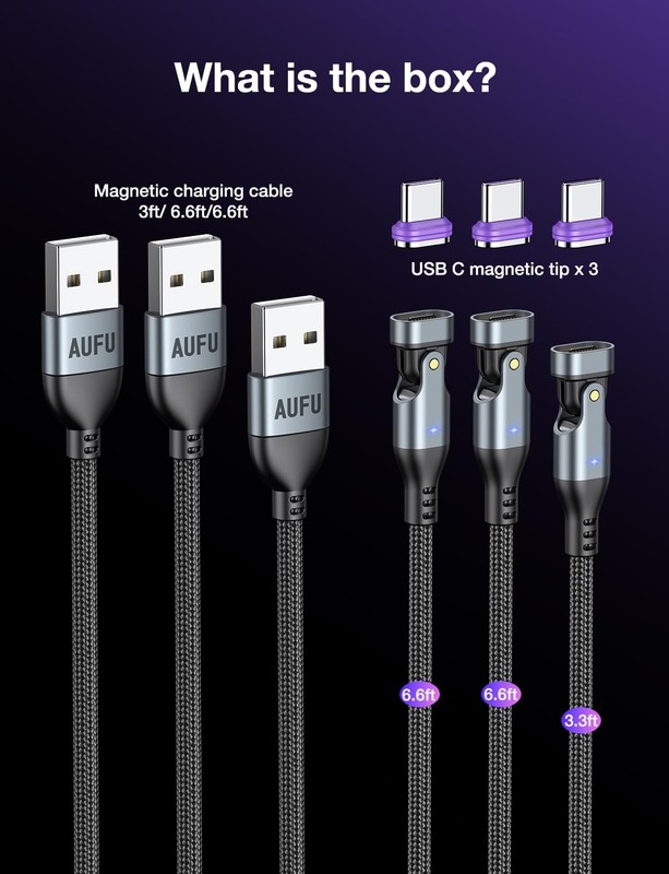 16PIN USB C Magnetic Charging Cable (3Pack, 3.3/6.6/6.6ft), 180° Rotation Mag... gallery