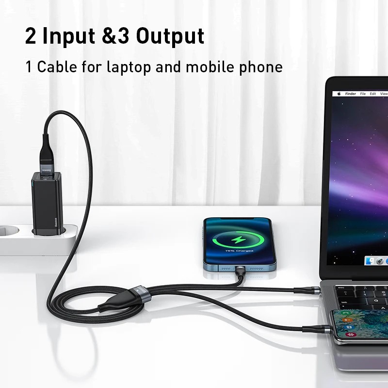 Baseus 3in1 100W USB-C Charger Cable for iPhone, Macbook, Samsung, Xiaomi gallery