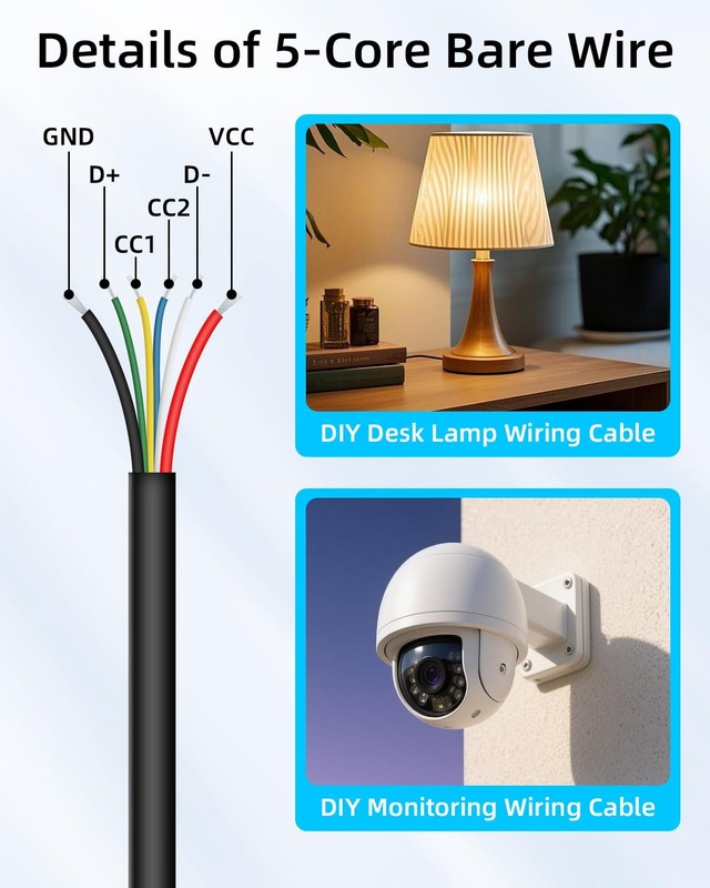 USB C To 6 Pin Bare Wire End Power Cable Type Male Plug Pigtail 0.5m 3 PCS gallery