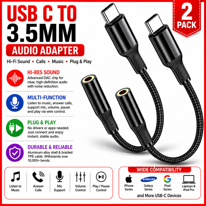 2 USB-C Type C Adapter Port to 3.5MM Aux Audio Jack Earphone Headphone Cable U