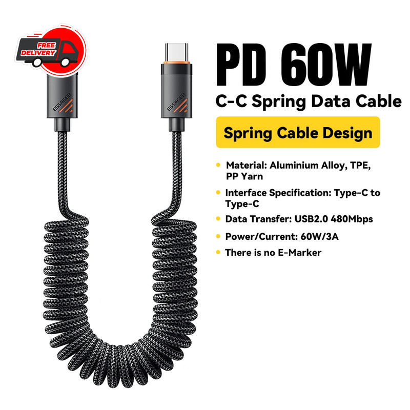 Essager 100W Spring Type C Cable PD Fast Charger Wire For iPhone 17 16 15 Xiaomi