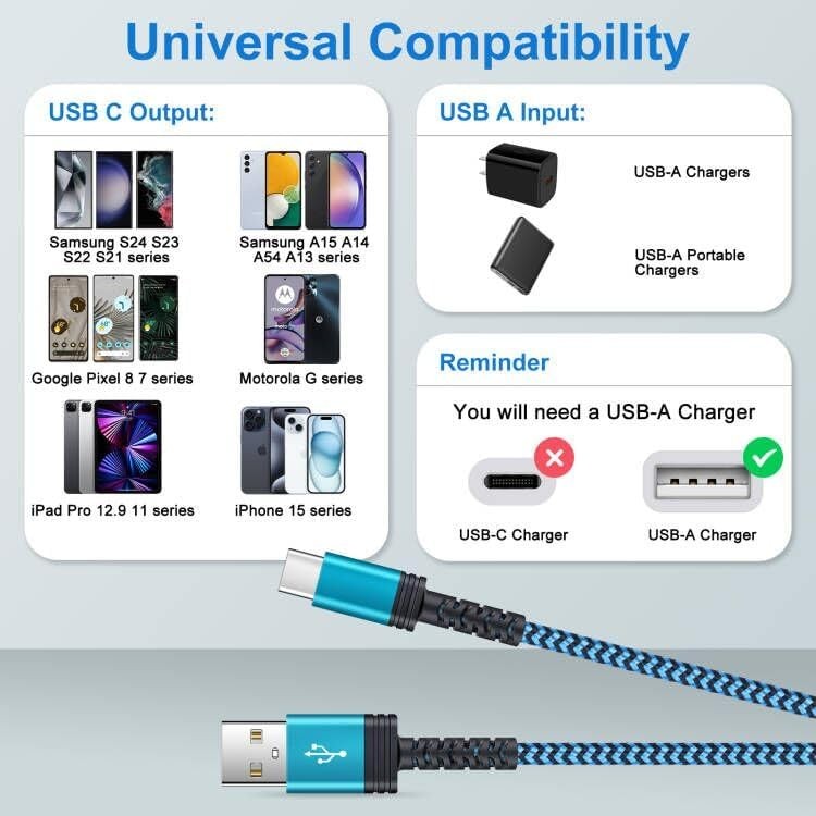 2Pack 6FT Android Samsung A15 Charger Cord USB C to Type A Blue Purple gallery