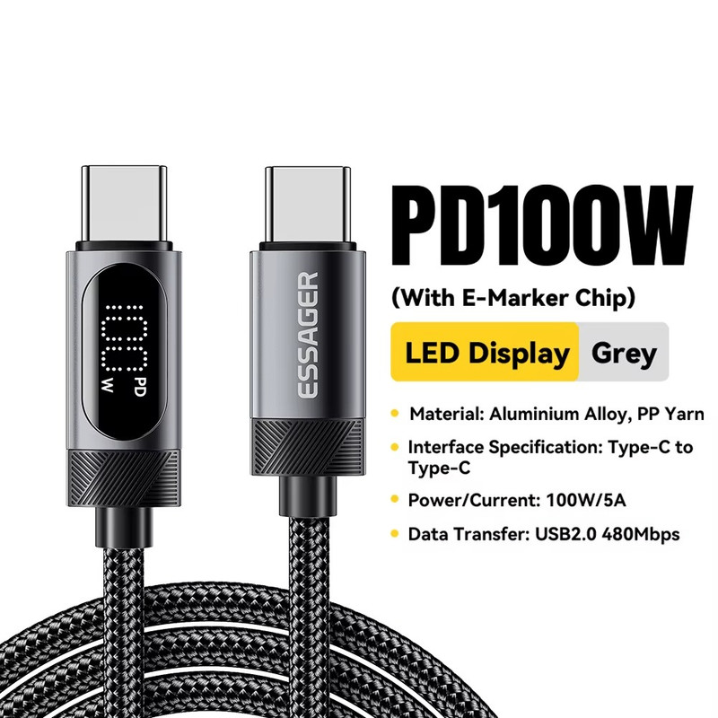 100W 7A USB 3.2 Type C To C Fast Charging Cable Digital Display 6FT/2M Long Lead gallery