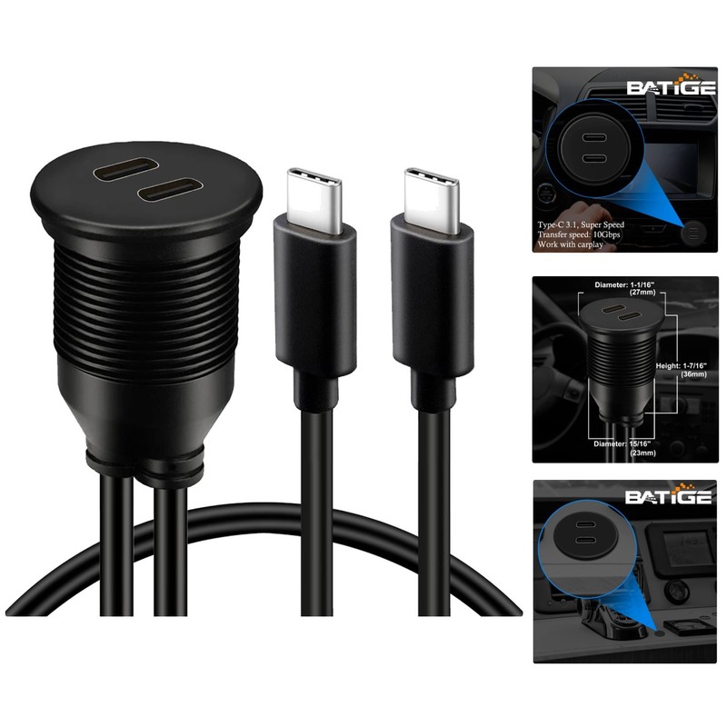 3ft Dual USB C 3.1 Panel Mount Cable – Fast Data Transfer Solution for Vehicles