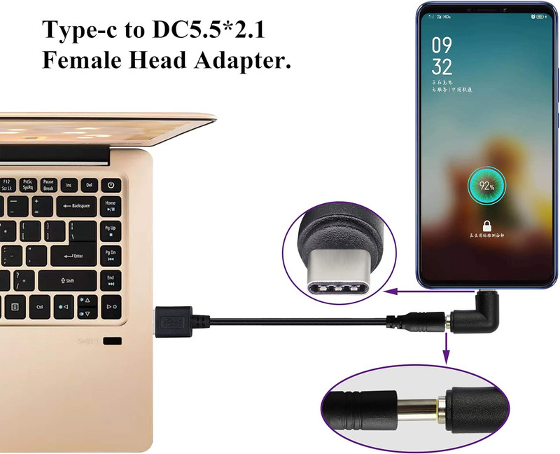 90 Degree Type C USB Male to DC 5.5X2.1Mm Female Connector DC Barrel Jack Power gallery