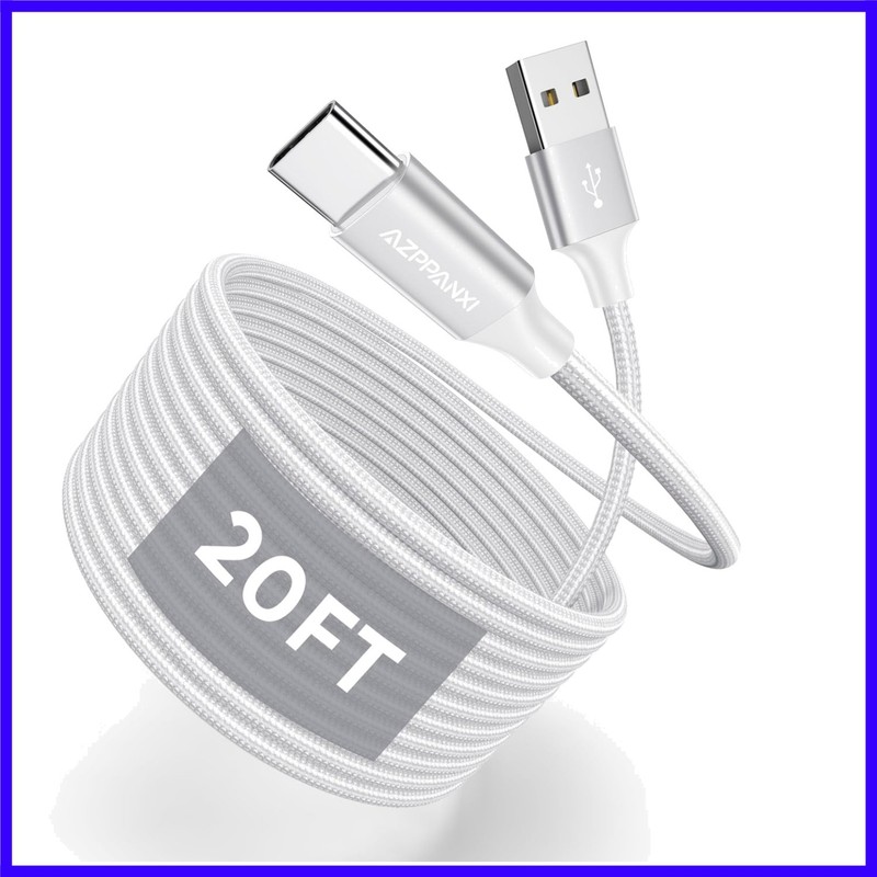 USB Type C Cable 20Ft, White Nylon Braided USB A to USB C 3A Fast Charging Ch…
