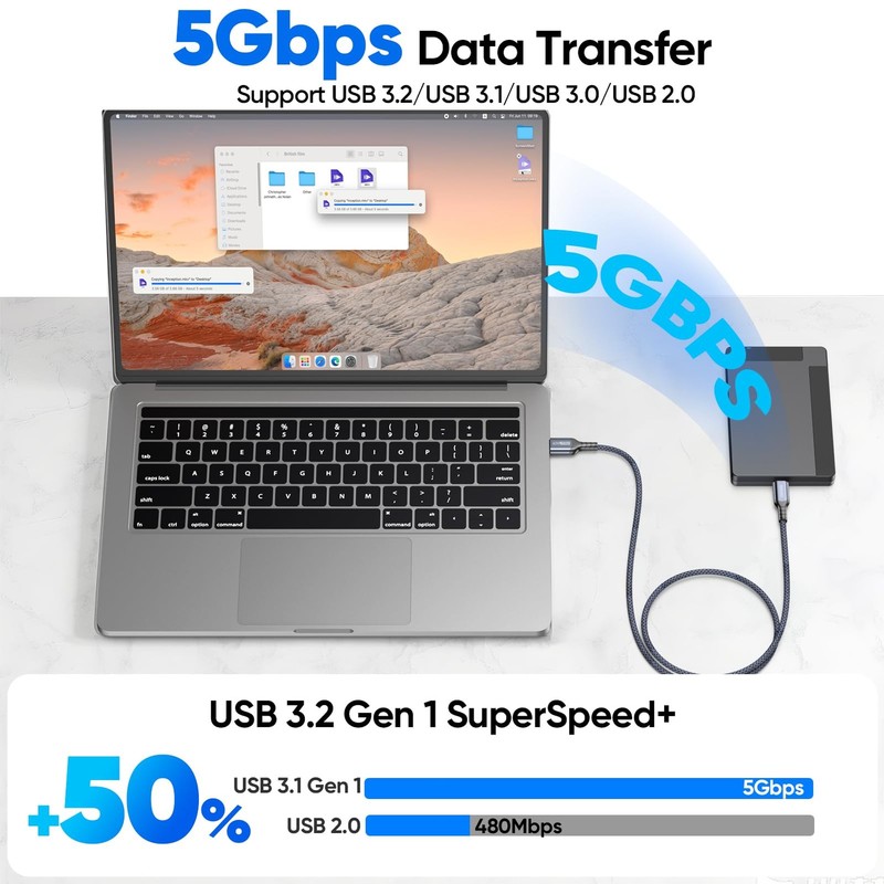 USB C Cable 20ft Extra Long, USB 3.0 5Gbps Data Transfer & 3A Charging A to T... gallery