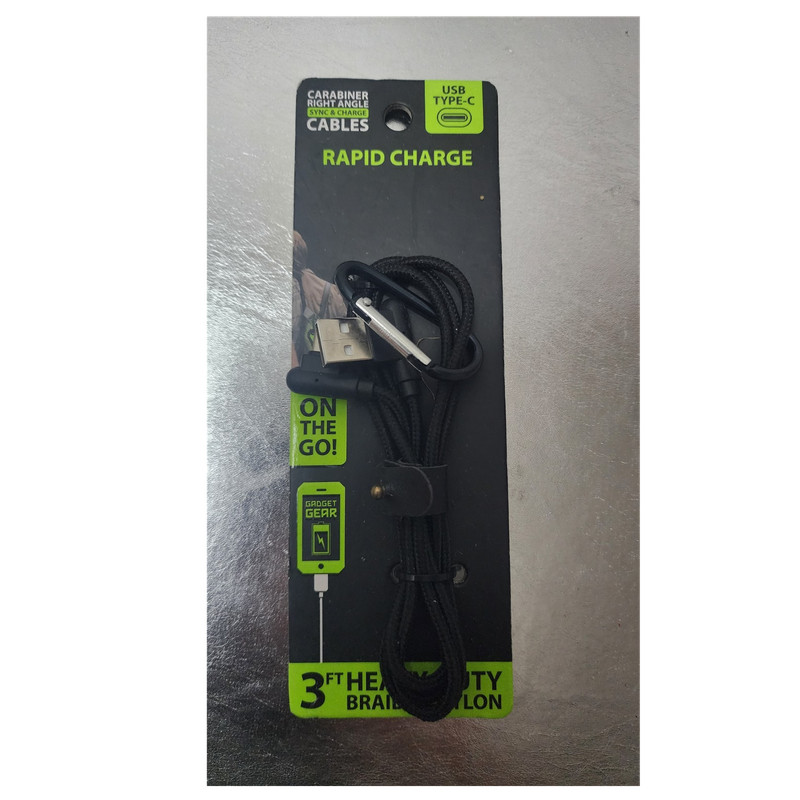 Gadget Gear 3ft USB Type-C Braided Nylon Cable Black w/ Carabiner