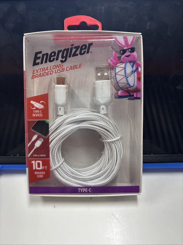 Energizer 10ft Extra Long Braided🪫Type-C to USB Charging Cable🔋White