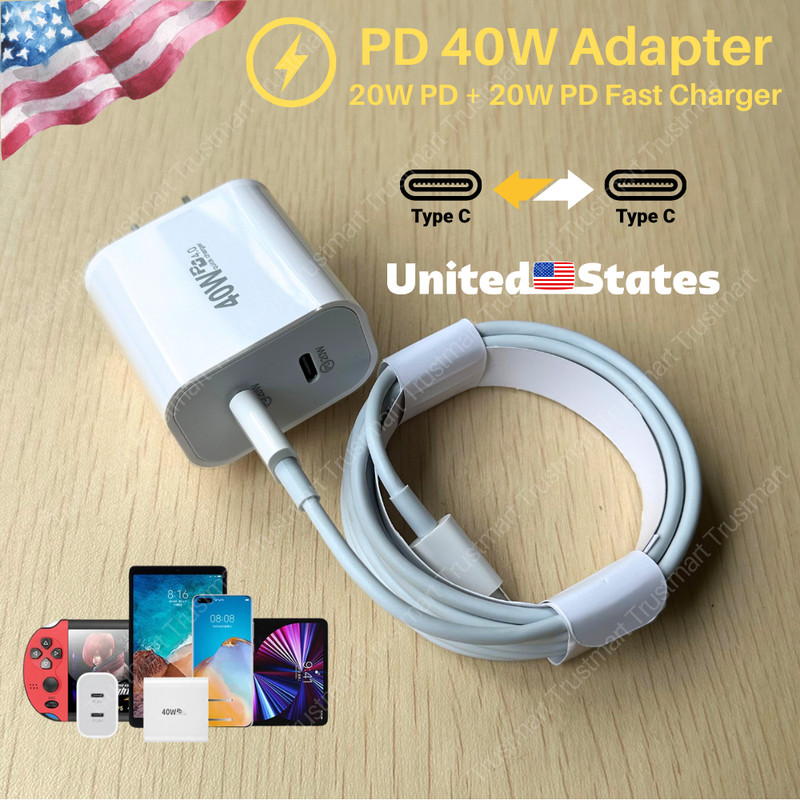 Dual Type C PD Fast 40W Wall Charger Adapter Cable For iPhone 15 Pro Max Samsung