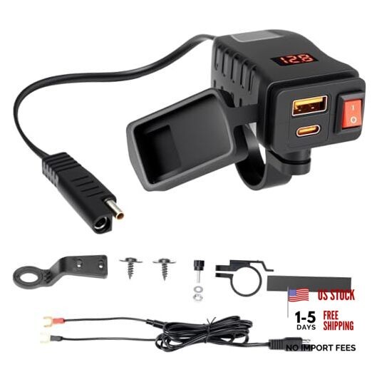 Motorcycle USB Charger with USB-C and USB-A Ports, 61-Inch Extra-Long IP66