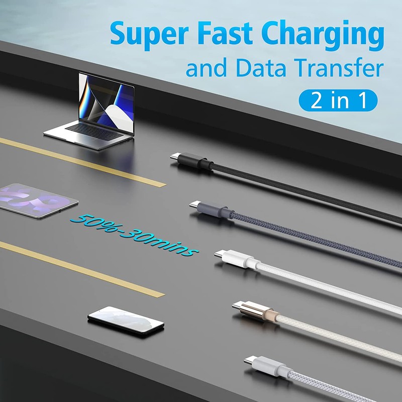 PD 100W Type C Cable Fast Charger Charging Cord Nylon 3FT For iPhone 15 Samsung gallery