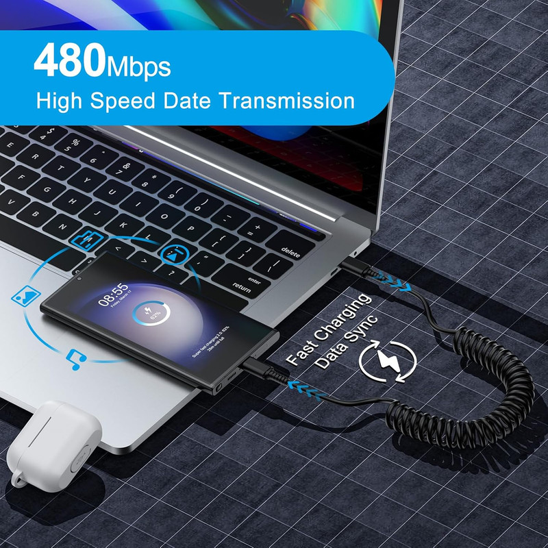 Android Auto USB C to USB C Cable 3FT Type C Fast Charging Coiled Samsung Charge gallery