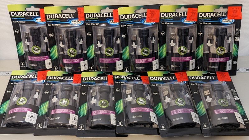 lot of 12 Duracell Car Charger- 6 ft Sync & Charge Cord-3.1 Amp Dual USB Ports