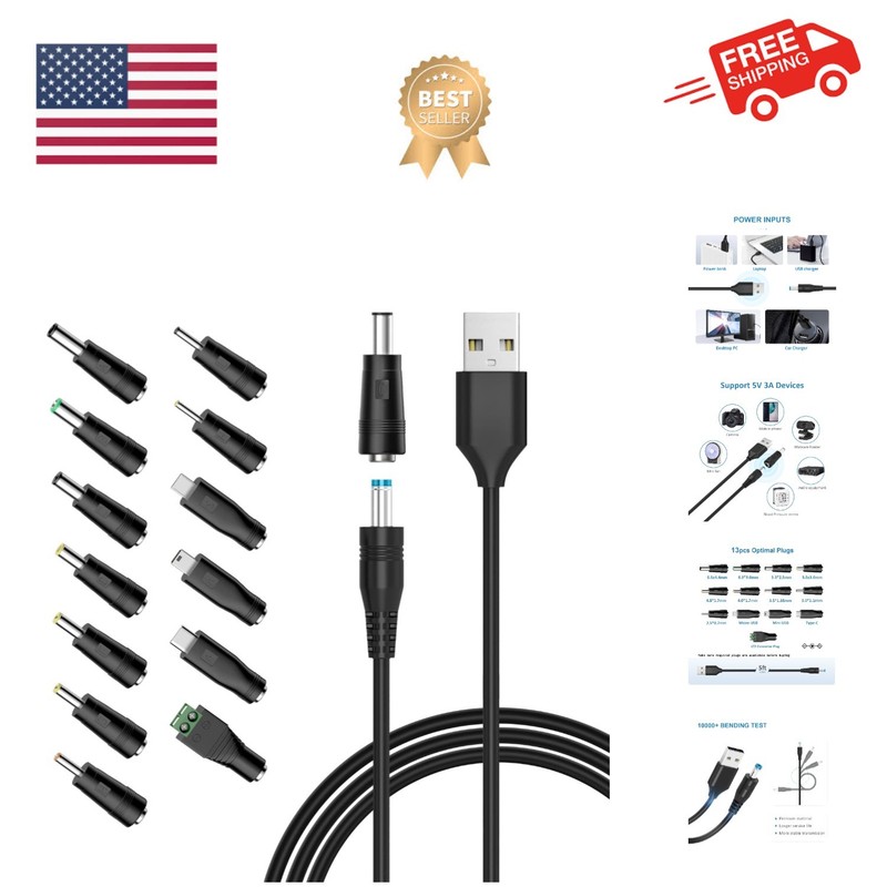 Versatile 5V USB to DC Charging Cord – 5ft with 13 Adapters for Multiple Devices