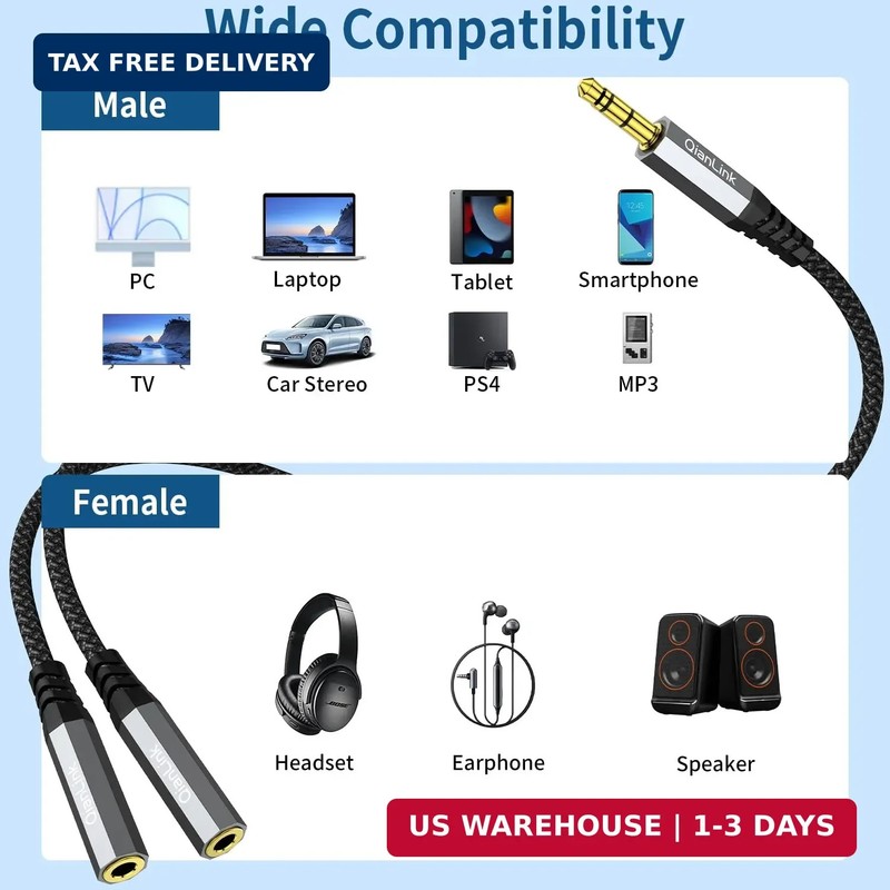 QianLink Headphone Splitter, 3.5mm Male to 2 Female Ports, 1ft/0.30m Extension C gallery