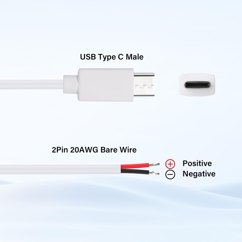 2 PCS USB Type C Male Plug 2 Pin Bare Wire Extension Power Cable 1 FT 20AWG 5V gallery