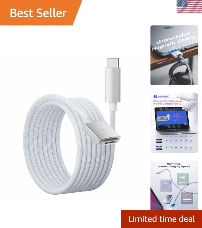6.6ft Magnetic USB C Cable - 140W PD for MacBook Pro & Air - Braided White/Blue