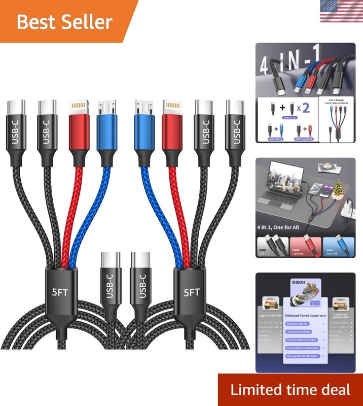Universal 4-in-1 5FT USB C Charging Cable Pack for iPhones and Android Devices