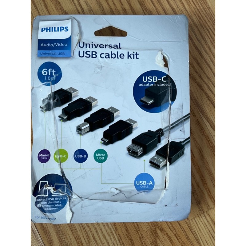 Philips Universal USB Cable Kit 6ft Includes Mini-B USB-C USB-B Micro USB Adapte gallery