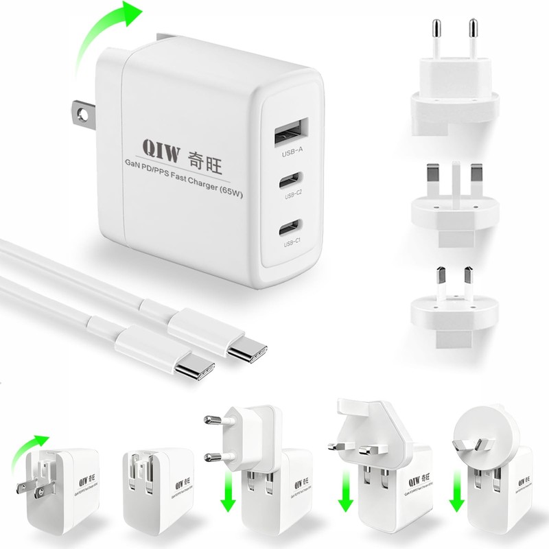 65W GaN PD/PPS USB-C Wall Charger, Interchangeable US/EU/UK/AU Plugs, 3.9ft C...