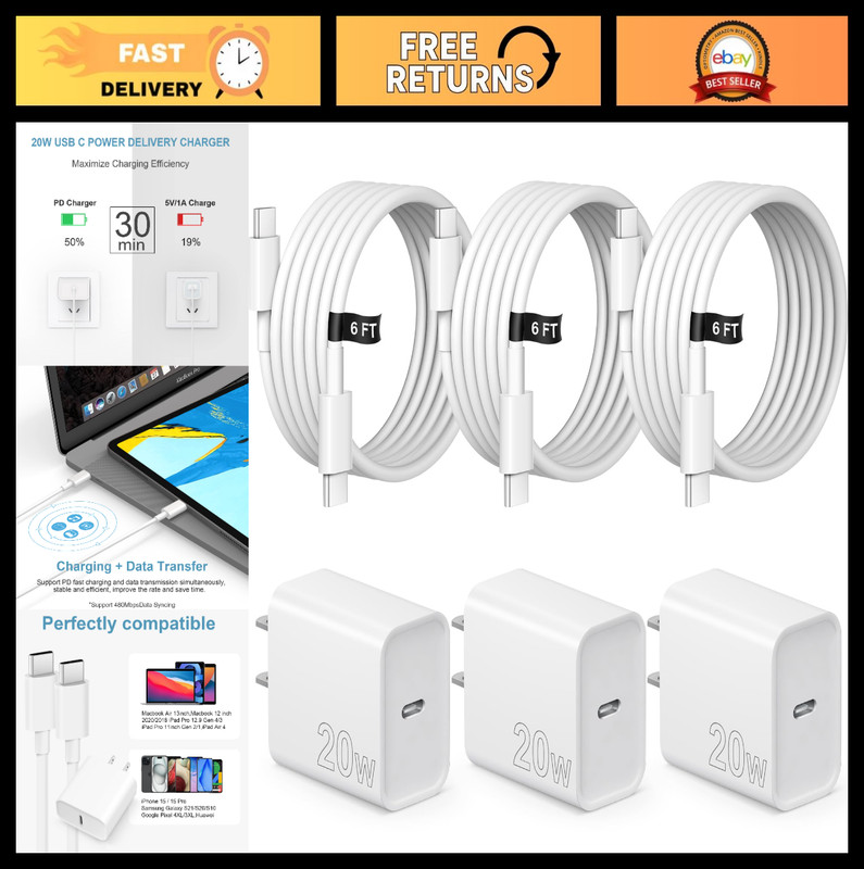 Fast Charging USB C Charger Block 3 Pack – 6FT Cord Wall Charger for iPhone 15/1