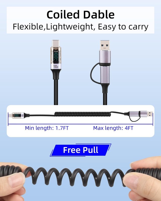1 PC 2in1 Coiled USB A C To USB C Cable With LED Display PD 100W Fast Cord gallery