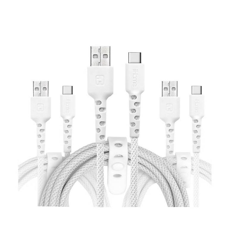 iHome TPE Durastrain USB-C to USB-A Nylon Braid Charging Cable Silicone Wrap 3PK