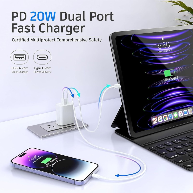 For iPhone 17 16 15 iPad Fast Charger 40W Double PD USB C Adapter Type C Cable gallery
