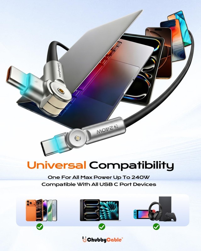 240W Dual 180° Rotating Fast Charging Cable, LED Light, Soft Silicone, 6.6ft, Du gallery