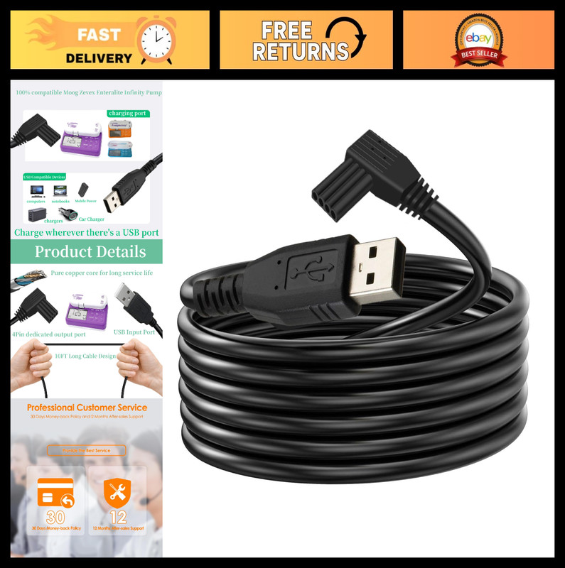 10FT USB Power Charging Cable for Enteralite Infinity Pump – Compatible Cord