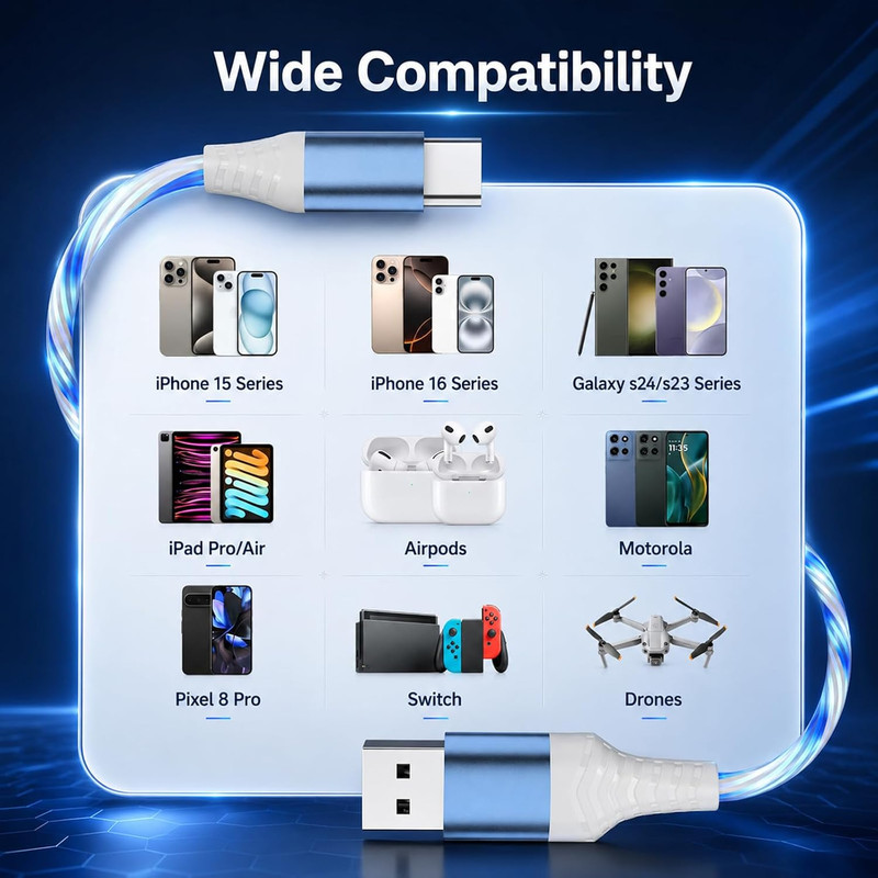 USB C Flowing LED Charging Cable, Light up Charger Cord for Iphone 17/16/15, Sam gallery