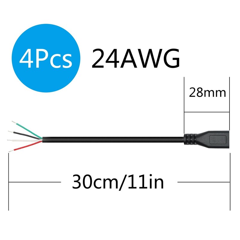 4 PCS Micro USB Female 4 Pin Bare Wire Pigtail Cable 11 Inch 24AWG 5V 2A gallery