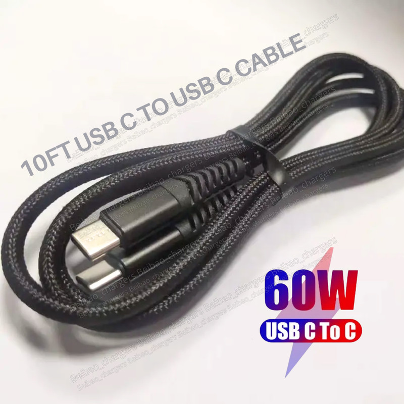 10FT USB-C to USB-C Cable 60W Fast Charger Cord For iPhone 15/16/17/Samsung/LG