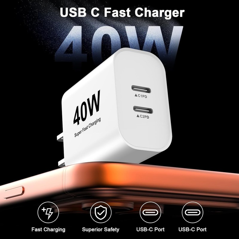 Fast Charger for iPhone17/16/15 Plus Braided Cable Type C to Type C PD 40W Block