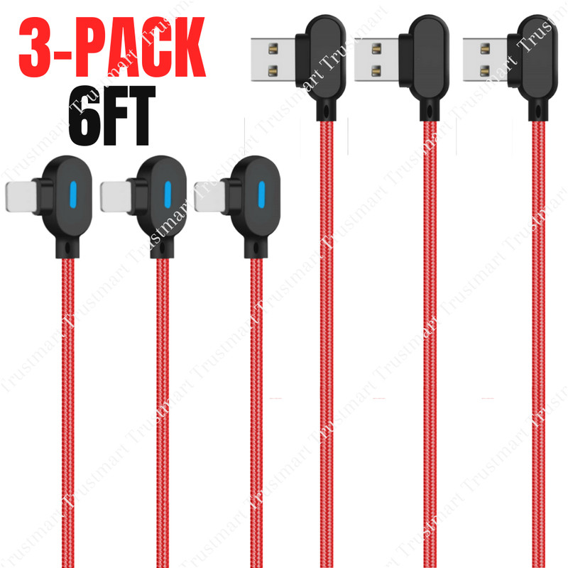 3-Pack 6Ft 90 Degree USB Charger Cable Braided For iPhone 6 7 8 11 Charging Cord