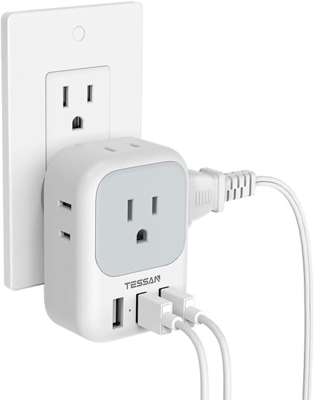 USB Charger Block, Wall Plug Adapter with Electrical 4 Box Splitter 3 USB Wall