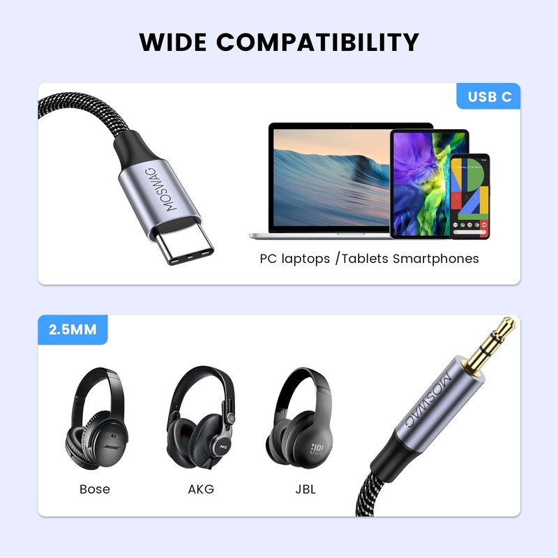 MOSWAG USB C to 2.5mm Auxiliary Cable,USB C TRS 3.28FT/1Meter, Black gallery