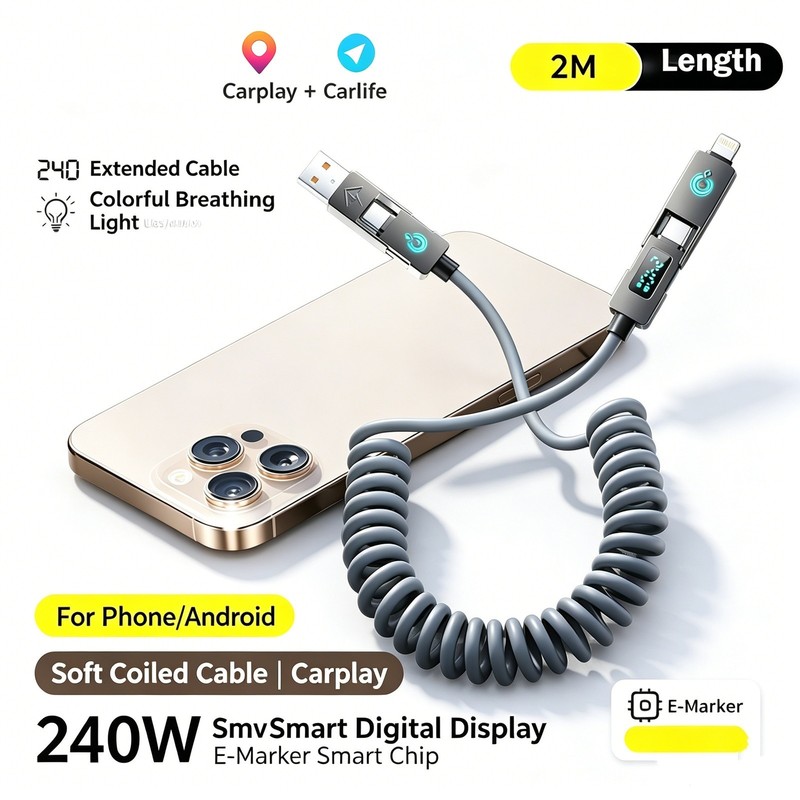 4-in-1 Coiled 65W Fast Charging Cable, USB-C/8-Pin Multi Cord gallery