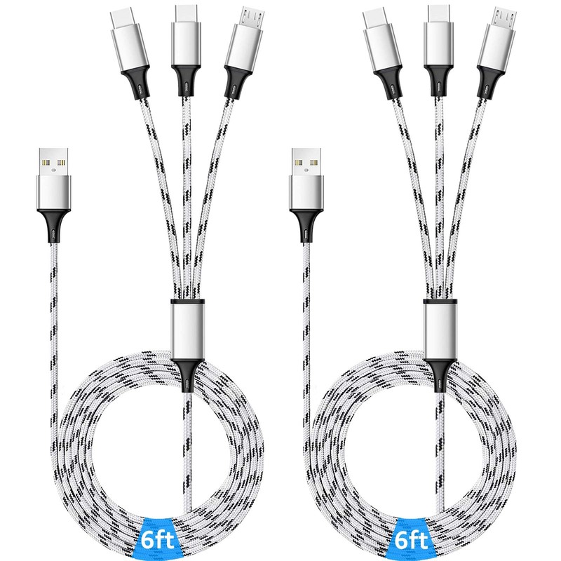 2 Pack 3in1 Multi Charger Cable 6FT Braided Universal Dual Type C Micro Cord