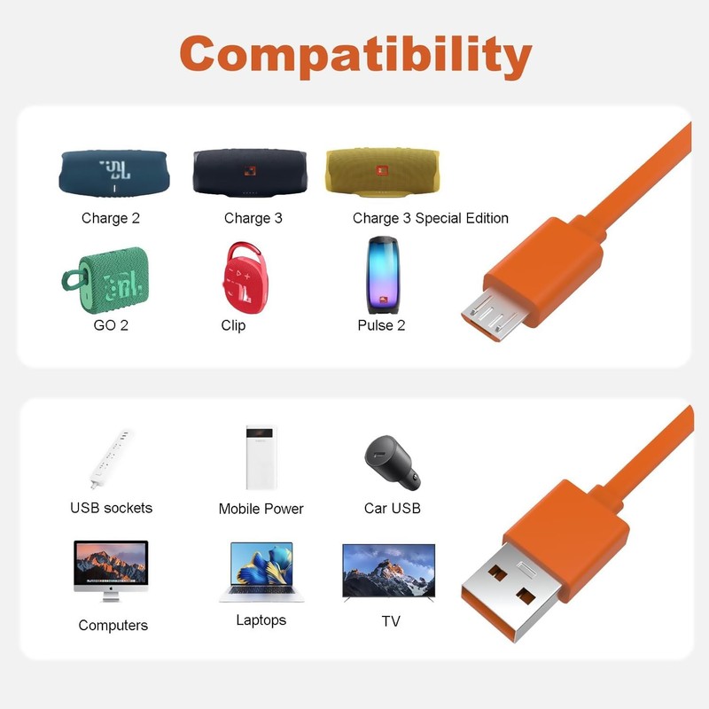 Orange 3.3ft Micro USB Charging Cable with Fitbit Charge 3/2/Flip 4/Pulse 2/F... gallery