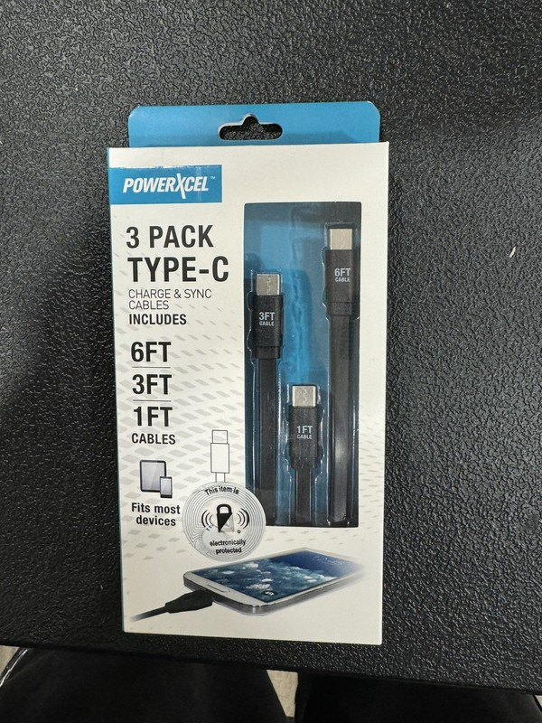 PowerXcel Type-C Charge and Sync Cables Black 3-Pack