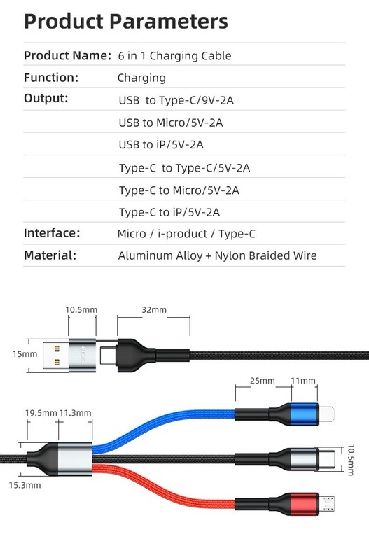 6 in 1 Multi USB fast Charger Charging Cable For iPhone USB TYPE C Android Micro gallery