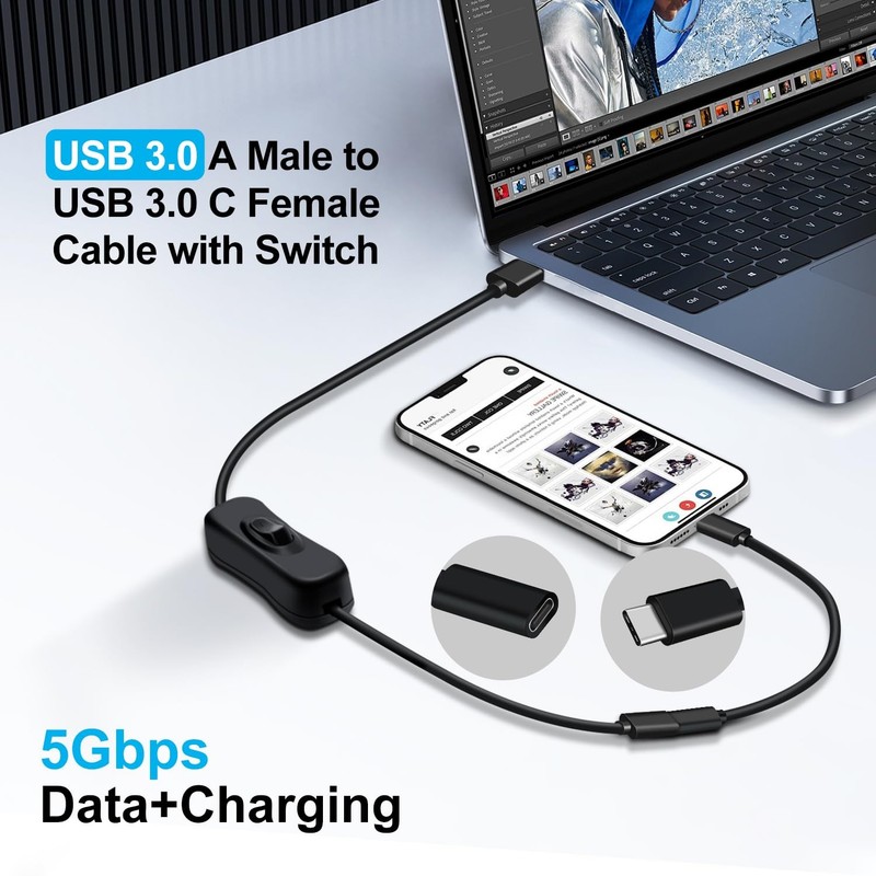 USB 3.0 Type A Male to USB Type C Female Cable with Switch 5Gbps Support 2A 1... gallery