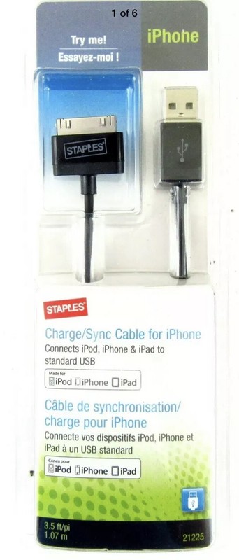 Staples 30-Pin USB iPhone Charger Charge/Sync Cable iPhone iPad iPod NIB