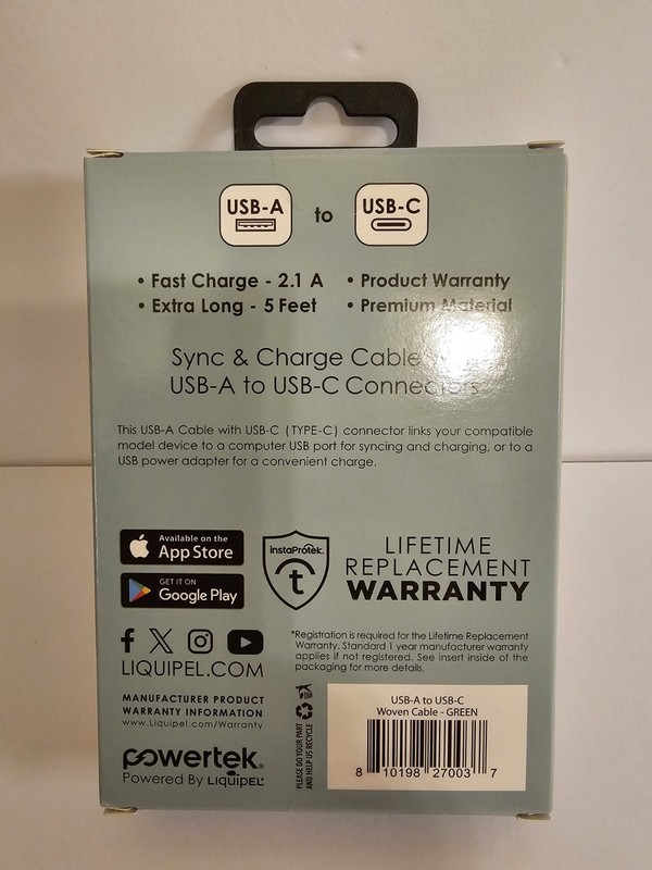 For Andriod Powertek 5ft USB Cable Fast Charge, Green (NEW) gallery